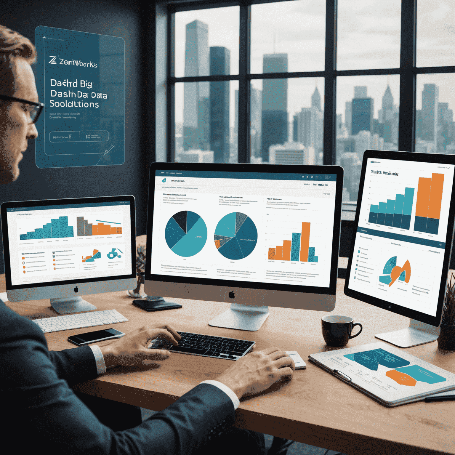 Illustration of zenitworks' tailored approach to big data solutions, showing analytics dashboards and insights aligned with unique business goals