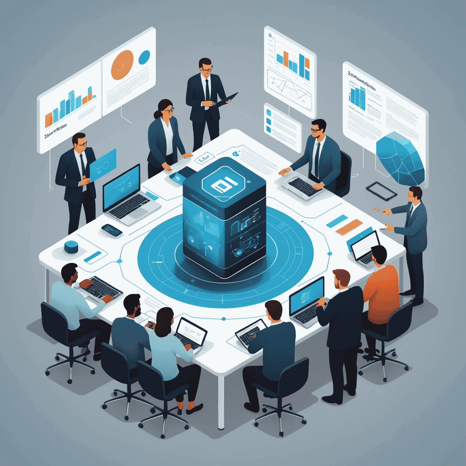 Illustration of zenitworks team working together to solve complex big data challenges, with visual representations of data quality, integration, security, and scalability